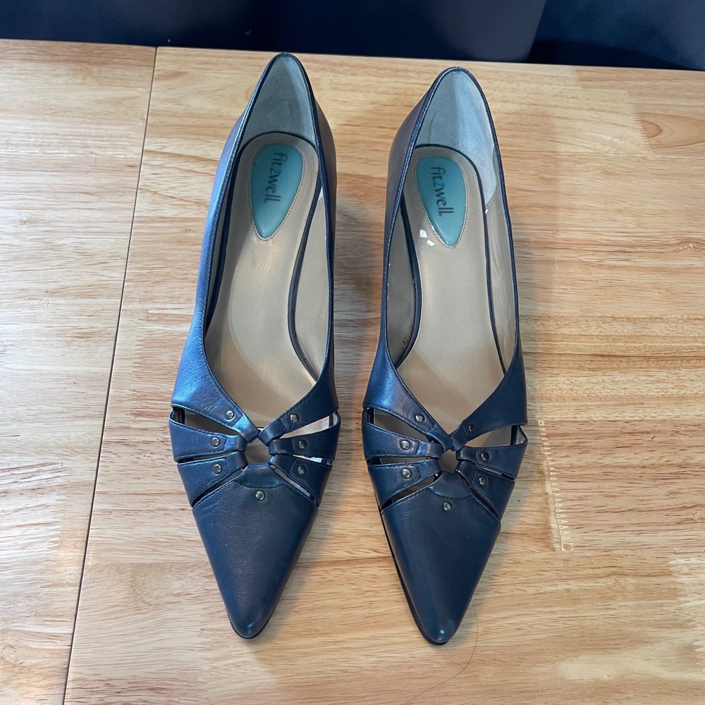 Fitzwell Navy Blue Leather Pointed Toe Kitten Heel Studded Cutout Pumps 10.5M